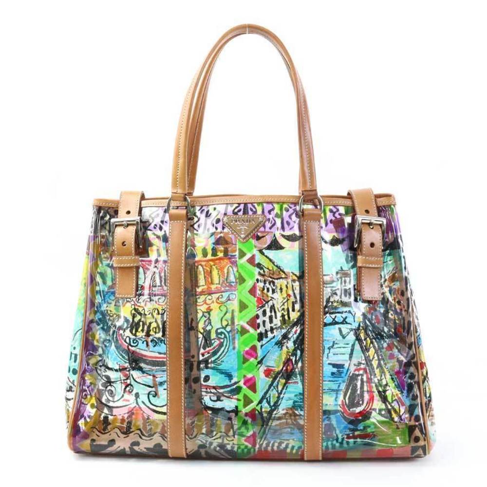 Prada Vinyl Leather Handbag Multicolor Brown